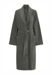 Robe grigia, lunga fino al ginocchio, in morbido tessuto testurizzato. Presenta un colletto a scialle, maniche lunghe, cintura da annodare e due tasche frontali.
