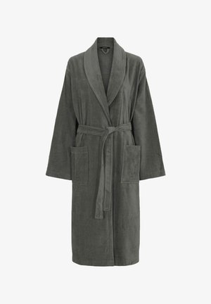 Grau, knielanger Bademantel aus weichem, strukturiertem Stoff. Mit einem Schalkragen, langen Ärmeln, bindbarem Gürtel und zwei Fronttaschen.
