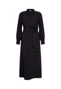 Schwarzes langärmliges Kleid mit Kragen, plissierter Halslinie und Bindegürtel in der Taille. Glattes Material in einer fließenden A-Linie Silhouette.