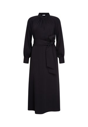 Zwart langzijdig jurkje met een kraag, geplooide halslijn en strikceintuur in de taille. Glad stof in een vloeiende A-lijn silhouet.