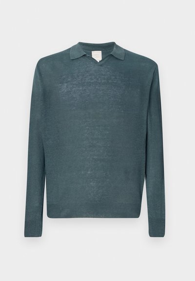 Mörk teal långärmad tröja med krage och V-hals, med lätt, strukturerad stickning och ribbade ärmslut och nederkant.