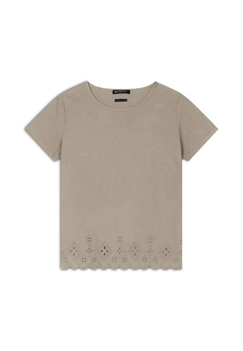 T-shirt in cotone beige a maniche corte, con orlo scallop decorato con motivi floreali intagliati. Collo tondo.