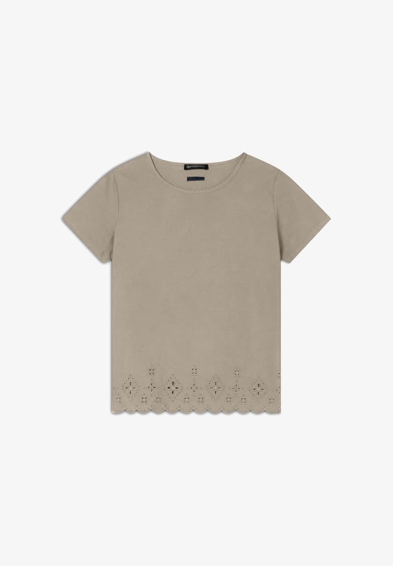 T-shirt in cotone beige a maniche corte, con orlo scallop decorato con motivi floreali intagliati. Collo tondo.