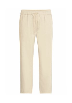 Pantalones beige de corte relajado, hechos de una tela suave. Cuentan con una cinturilla elástica con cordón y un diseño de pierna recta.