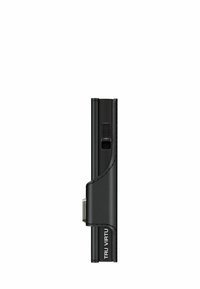 Black leather cardholder with a sleek design, featuring a small button mechanism and embossed "TRU VIRTU" logo on the side.