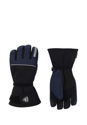 Par de guantes de invierno Rossignol negros y azul marino con correas ajustables en la muñeca y puños extendidos para protección contra el frío.