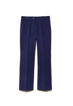 Pantaloni a gamba ampia di colore blu navy realizzati in tessuto testurizzato. Presentano una chiusura con bottone e tasche frontali. Design sartoriale con una finitura liscia.