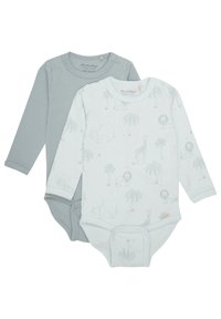 Zwei langärmelige Baby-Bodysuits: einer aus hellgrauem Rippstoff, der andere in Weiß mit einem hellgrauen Tier- und Palmenmotiv.