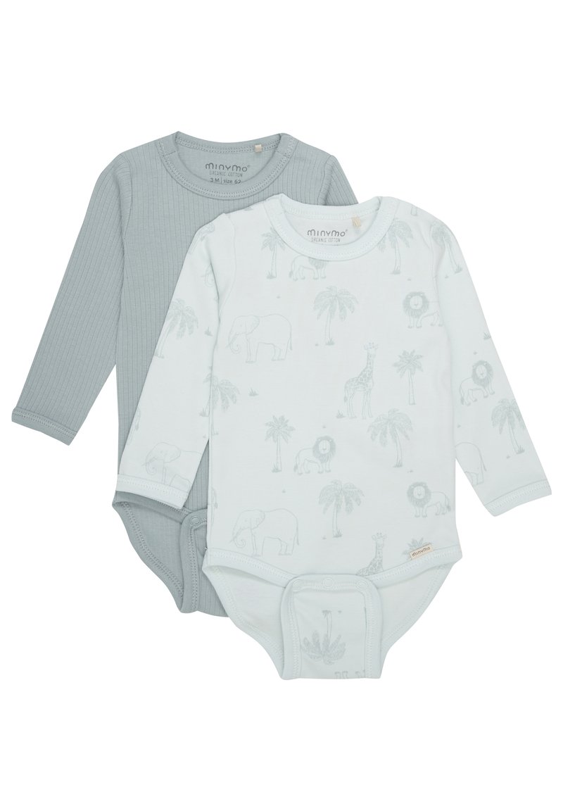 Zwei langärmelige Baby-Bodysuits: einer aus hellgrauem Rippstoff, der andere in Weiß mit einem hellgrauen Tier- und Palmenmotiv.