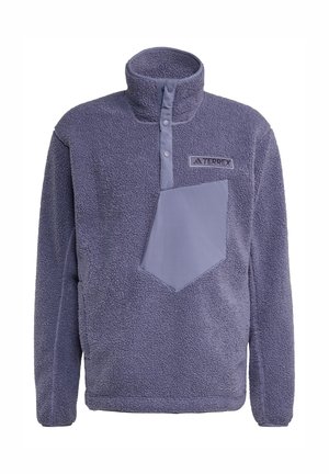 Purple fleece pullover with a high collar, snap button placket, and a contrasting quilted chest pocket. Soft texture and relaxed fit.