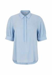 Light blue blouse with a collar, short puff sleeves. Features a button placket with decorative trim and lace accents on sleeve cuffs.