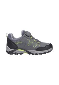 Grau Outdoor-Schuh mit schwarzen und limegrünen Akzenten. Verfügt über ein Obermaterial aus Synthetik, ein Netz-Zungenpatch, einen verstellbaren Riemen und eine strukturierte Gummisohle.