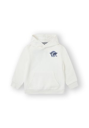 Sudadera blanca con bolsillo frontal, textura suave y un diseño bordado de un globo azul en el lado izquierdo del pecho. Capucha con detalles de cordones.