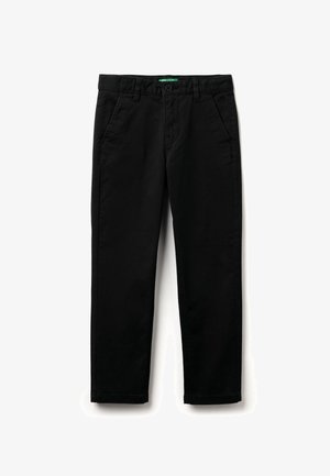 Pantalon noir à jambes droites avec poches avant, passants pour ceinture et fermeture par bouton à la taille.