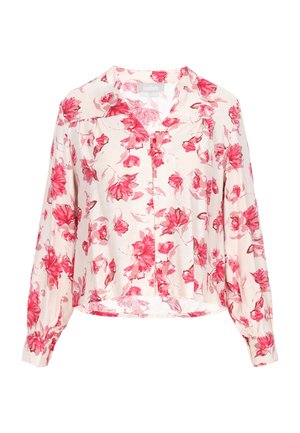 Langärmlige cremefarbene Bluse mit leuchtend pinkem Blumenmuster, durchgehender Knopfleiste und gerafften Manschetten.