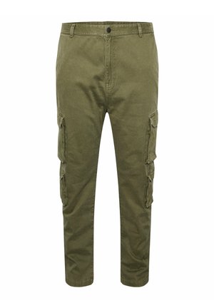 Olivgrüne Cargohose mit Knopfverschluss, Gürtelschlaufen und vier Klappentaschen, je zwei an jedem Bein.