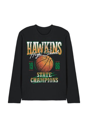 Schwarzes Langarmshirt mit dem Schriftzug "Hawkins High School 1986 State Champions" und einer großen orangen Basketball-Grafik in der Mitte.