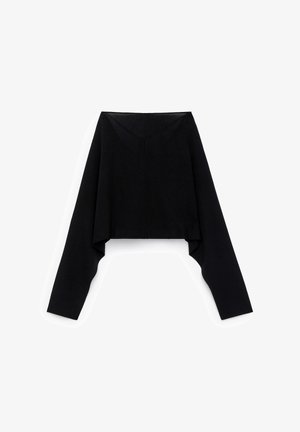 Schwarzer kurzer Pullover mit langen, weiten Ärmeln, aus weichem Stoff. Verfügt über einen runden Ausschnitt und eine subtile Nahtdetail auf der Rückseite.
