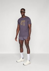 Pilkas marškinėlis su auksiniu grafinio dizaino spaudiniu, derinamas su tokios pat spalvos šortais. Modelis dėvi akinius nuo saulės ir šviesios spalvos sportinius batelius su baltais kojinaitėmis.