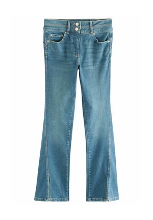 Lichtblauwe denim flared jeans met vijf zakken, zilver hardware, dubbele knoopsluiting en gestikte details langs de benen.