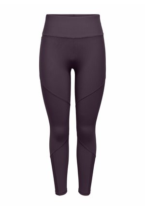Ciemnofioletowe sportowe legginsy z wysokim stanem, z detalami szwów na udach i łydkach, zaprojektowane na przylegający krój.