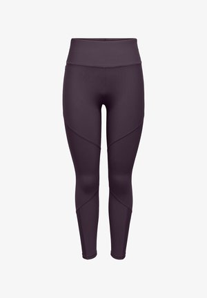 Donkerpaarse, hooggetailleerde sportleggings met naden over de dijen en kuiten, ontworpen voor een strakke pasvorm.