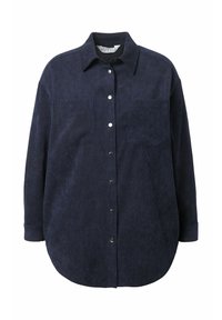 Camicia navy con bottoni in velluto a coste, dotata di due tasche sul petto, accessori in argento e orlo arrotondato con vestibilità rilassata.