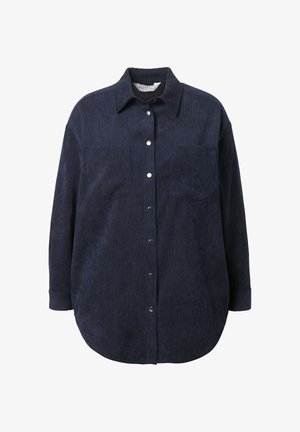 Camicia navy con bottoni in velluto a coste, dotata di due tasche sul petto, accessori in argento e orlo arrotondato con vestibilità rilassata.