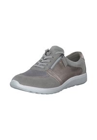 Gray suede sneaker with a textured mesh panel, lace-up front, decorative side zipper, and rubber sole, featuring a smooth and soft finish.