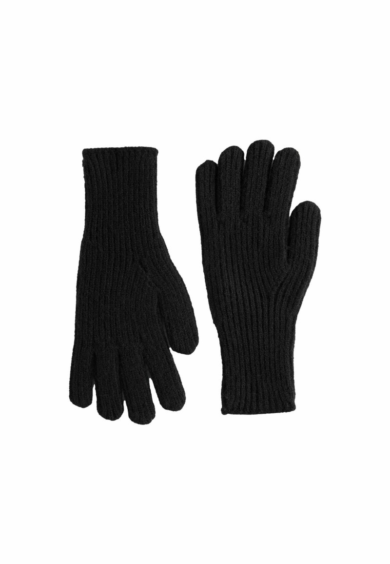 Sorte ribbede strikkede handsker med fuld-finger design og struktureret overflade, der har forlænget håndledsdækning for ekstra varme.