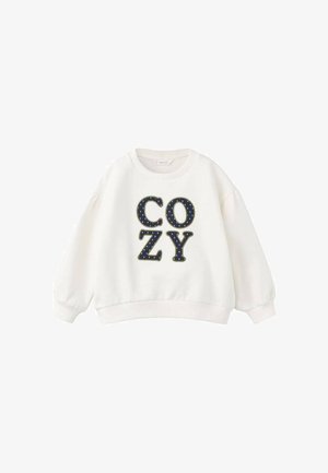 Witte sweatshirt met "COZY" in grote marineblauwe letters met gele accenten. Zachte stof, ronde halslijn en ballonsleeves.