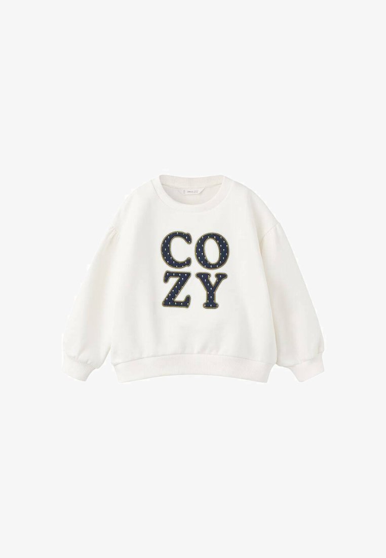 Felpa bianca con la scritta "COZY" in grandi lettere navy con accenti gialli. Tessuto morbido, collo a giro e maniche a palloncino.