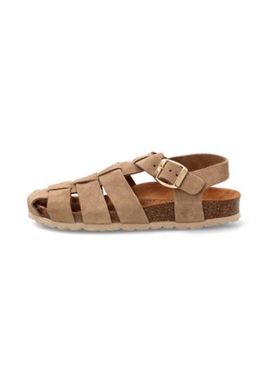 Sandalia marrón de ante con puntera abierta, múltiples tiras, hebilla ajustable dorada, plantilla de corcho y suela de goma beige, vista lateral sobre fondo blanco.