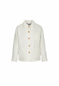 Gep quiltete weiße Jacke mit Kragen, Holzknöpfen, zwei Vordertaschen und einer Brusttasche, die eine strukturierte Stoffoberfläche aufweist.