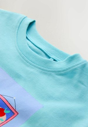 Hele sinine puuvillane T-särk, millel on ümarsärk, sile tekstuur ja värvikas trükitud kujundus esiküljel.