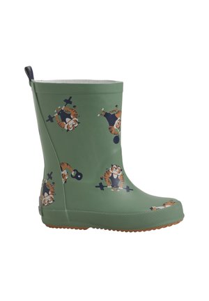 Botte de pluie en caoutchouc verte avec motif de tigres dessin animé soulevant des haltères et semelle marron texturée, vue de côté avec languette à l'arrière.