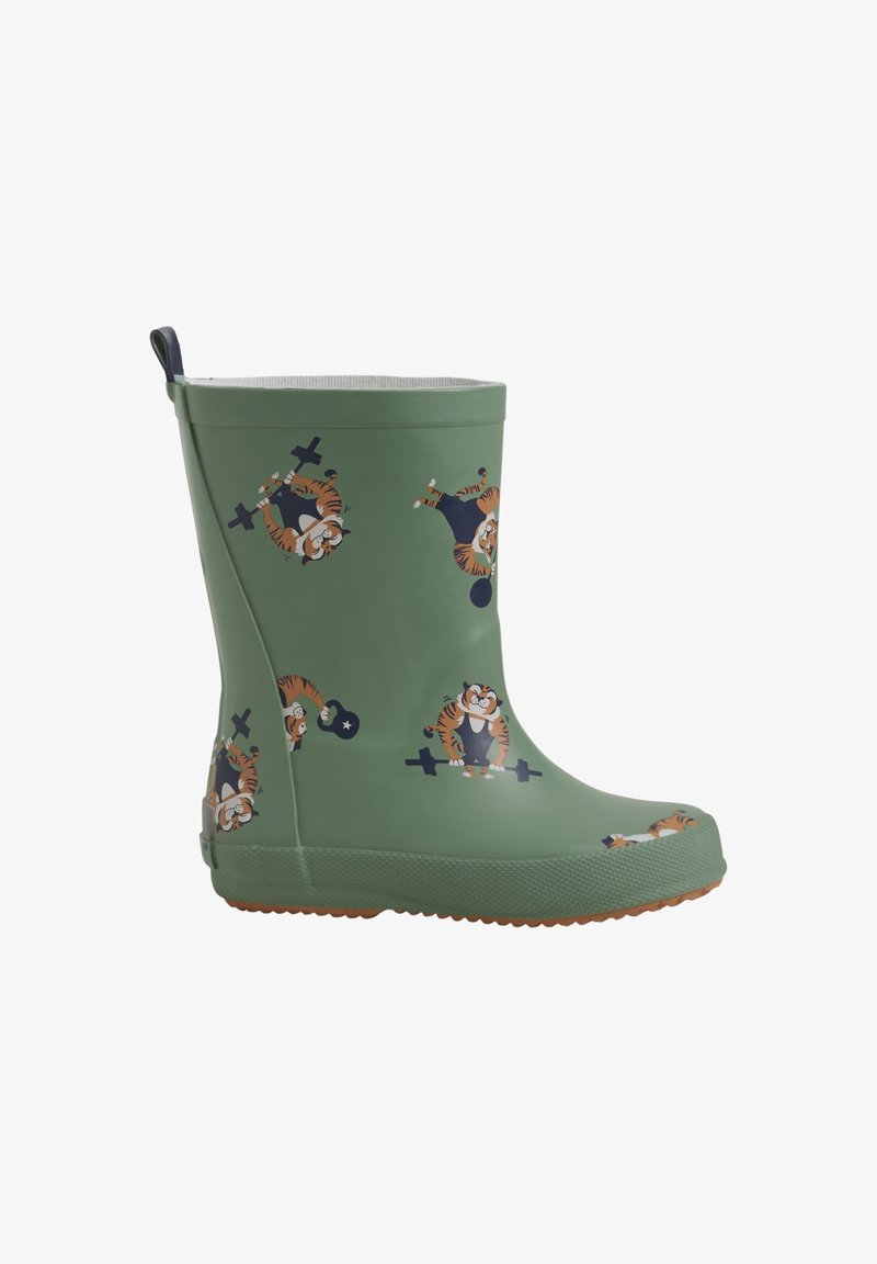 Botte de pluie en caoutchouc verte avec motif de tigres dessin animé soulevant des haltères et semelle marron texturée, vue de côté avec languette à l'arrière.