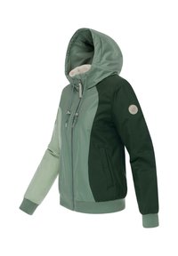 Hooded jacket with a two-tone design in light green and dark green, featuring a zip front, side pockets, and ribbed cuffs.