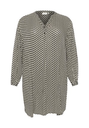 Sort-hvidternet langærmet skjorte med V-hals, knaplukning og en afslappet pasform. Letvægtsstof med en glat tekstur.