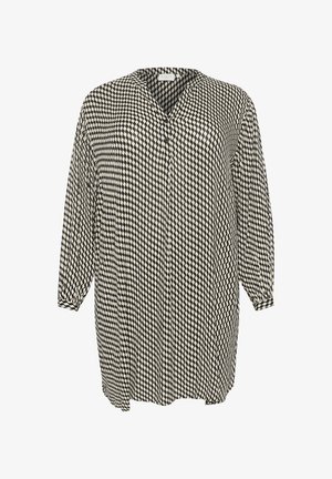 Black and white checkered long-sleeve shirt with a V-neck, button closure, and a relaxed fit. Lightweight fabric with a smooth texture.