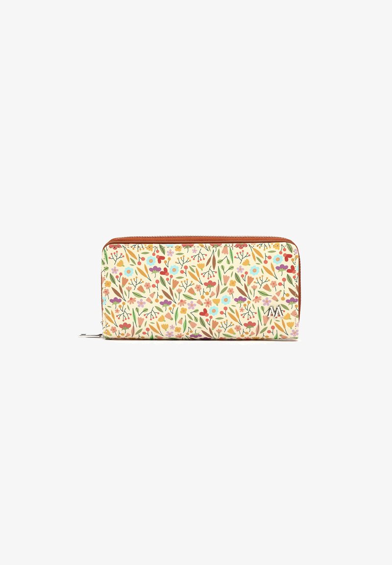 Cartera con cierre tipo cremallera alrededor, estampado floral multicolor sobre fondo beige y ribete marrón, con un pequeño logo metálico en el frente.