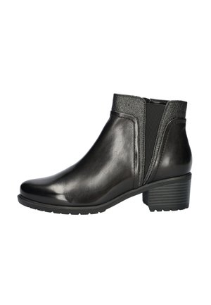 Zwarte leren enkelboot met een gladde afwerking, elastische zijkanten en een lage blokhak. Gelaagde accenten bij de enkel.