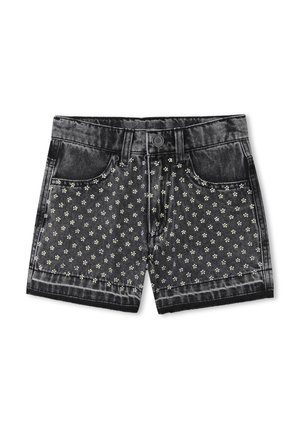 Shorts in denim neri con una finitura sbiadita, caratterizzati da un motivo floreale di piccoli fiori bianchi e gialli. Tasche standard e chiusura con bottone.