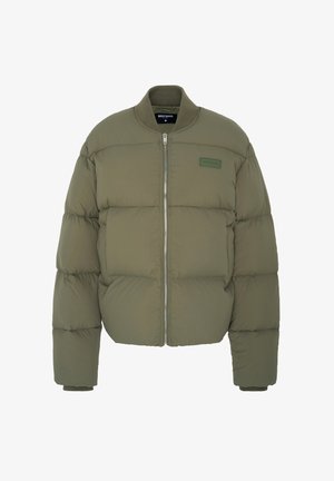 Olive green puffer jacket with a round collar, zip front, and ribbed cuffs. Features a rectangular logo patch on the left chest.