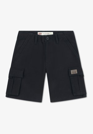 Schwarze Cargo-Shorts aus Baumwolle mit Seitentaschen, einem vorderen Knopfverschluss und einer aufgesetzten Tasche am rechten Bein. Glatte Textur.