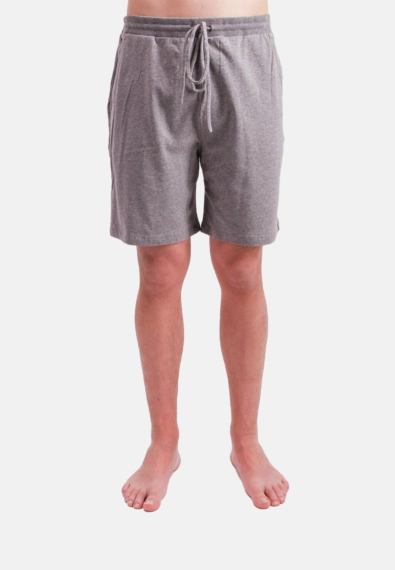 Graue Baumwollshorts mit elastischem Bund und Kordelzugverschluss. Mit zwei Seitentaschen und lockerem Schnitt, geeignet für die Freizeitkleidung.
