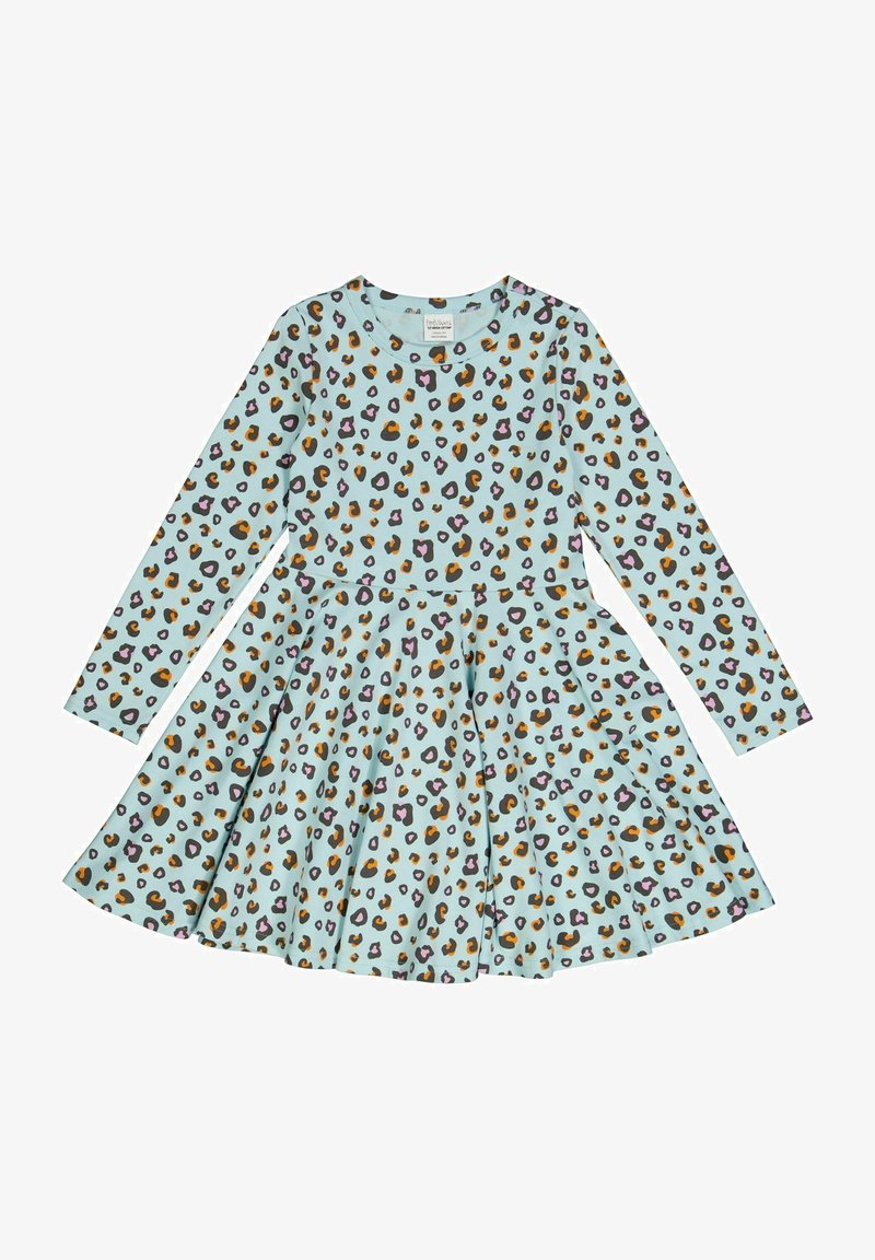 Pitkähihainen mekko vaaleansinisestä kankaasta, jossa on musta, ruskea ja purppura leopradikuvio. A-linjainen hame pyöreällä kaula-aukolla.