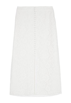Witte kanten midi rok met bloemenpatroon, knoopsluiting aan de voorkant en een split in het midden voor.