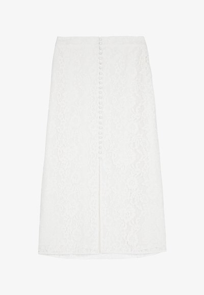 Jupe midi en dentelle blanche avec motif floral, fermeture à boutons sur le devant et fente centrale à l'avant.