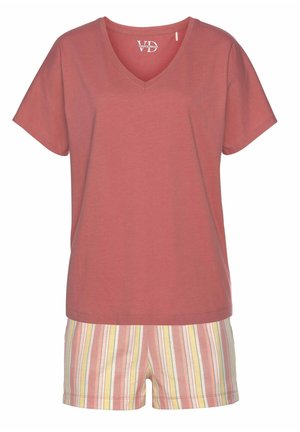 Kurzärmliges, V-Ausschnitt-Oberteil aus rosafarbenem Baumwollstoff, kombiniert mit gestreiften Shorts in Gelb, Pink und Weiß. Weicher Stoff; lockere Passform.